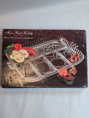 Indiana Glass Five Part Relish Glass Serving Tray Vintage Original Box